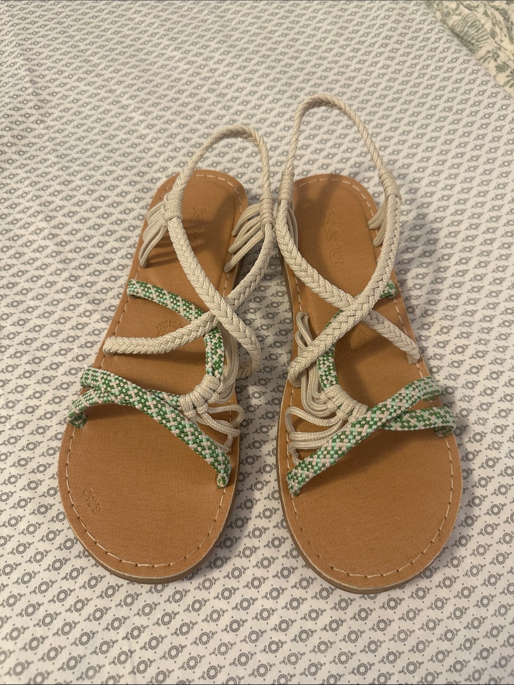Kavu Braided Rope Strappy Flat Sandals in Tan and Cream